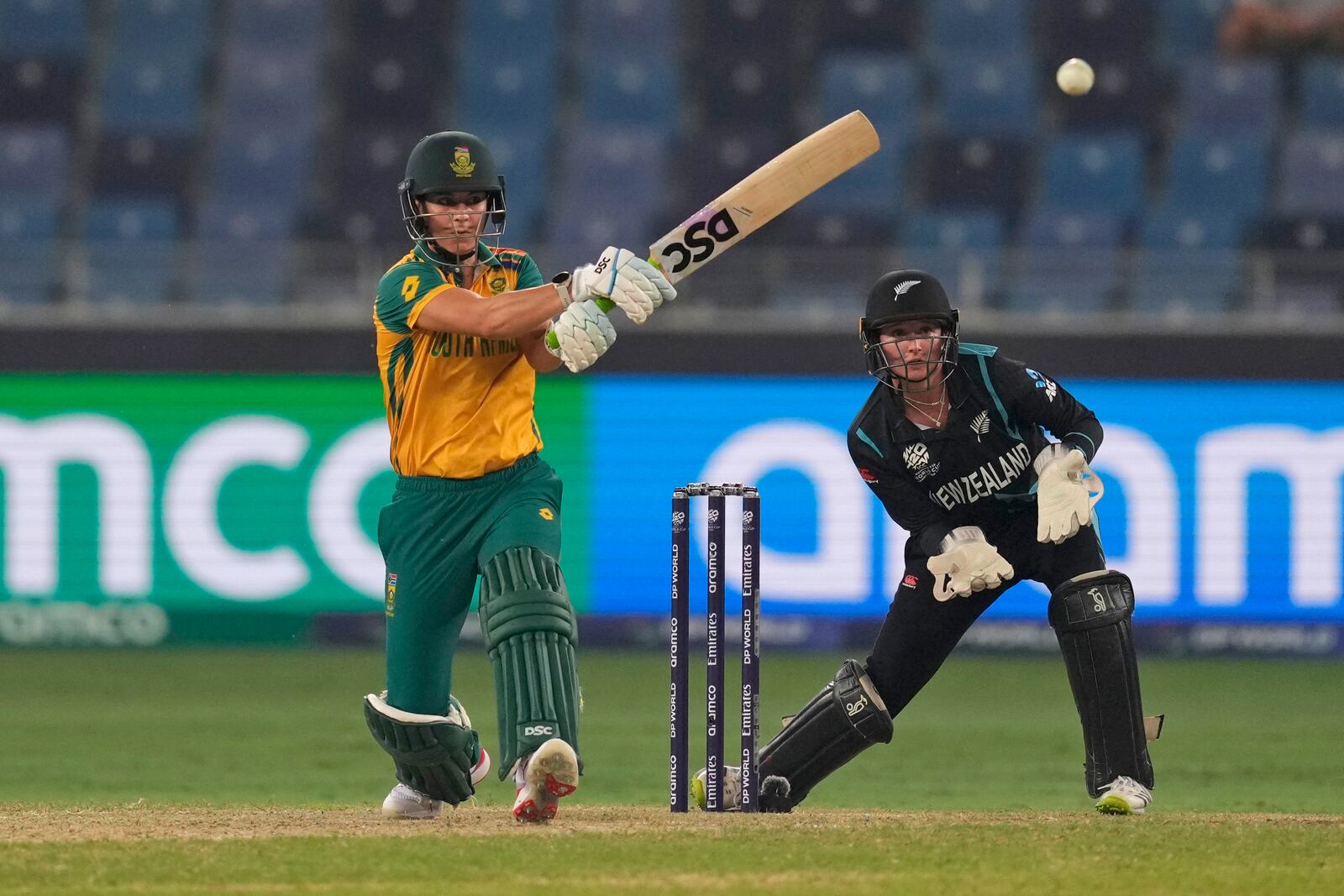 South Africa's Marizanne Kapp plays a shot during the ICC Women's T20 World Cup 2024 final match between New Zealand and South Africa at Dubai, United Arab Emirates, Sunday, Oct. 20, 2024. (AP Photo/Altaf Qadri)