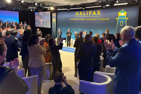 Attendees applaud Canada's Chief of Defense Staff at The Halifax International Security Forum on Saturday, Nov. 23, 2024 in Halifax, Nova Scotia Canada. (AP Photo/Rob Gillies) (AP Photo/Rob Gillies)