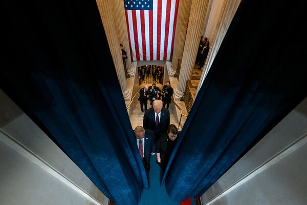 President-elect Donald Trump arrives at the 60th Presidential Inauguration in the Rotunda of the U.S. Capitol in Washington, Monday, Jan. 20, 2025. (Kenny Holston/The New York Times via AP, Pool)