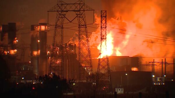 This image from video shows flames rising after a major fire erupted Thursday afternoon at the Moss Landing Power Plant, located about 77 miles (about 124 kilometers) south of San Francisco, Thursday, Jan.16, 2025. (KSBW via AP)