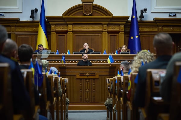 In this photo provided by the Press Service Of The President Of Ukraine on Nov. 19, 2024, Ukraine's President Volodymyr Zelenskyy speaks to parliamentarians at Verkhovna Rada in Kyiv, Ukraine. (Press Service Of The President Of Ukraine via AP)