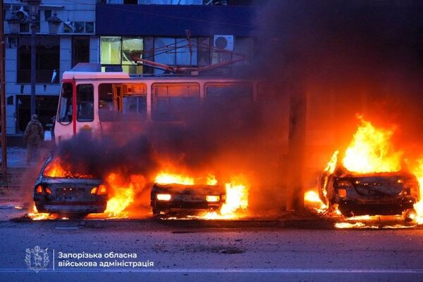 In this photo provided by the Zaporizhzhia regional military administration on Jan. 8, 2025, cars burning after a Russian air strike in Zaporizhzhia, Ukraine. (Zaporizhzhia regional military administration via AP)