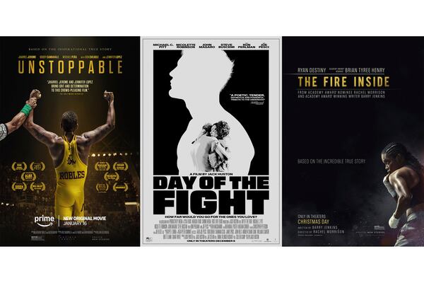 This combination of photos shows promotional art for the films "Unstappoable," left, "Day of the Fight," center, and "The Fire Inside." (Prime/Falling Forward Films/Amazon via AP)