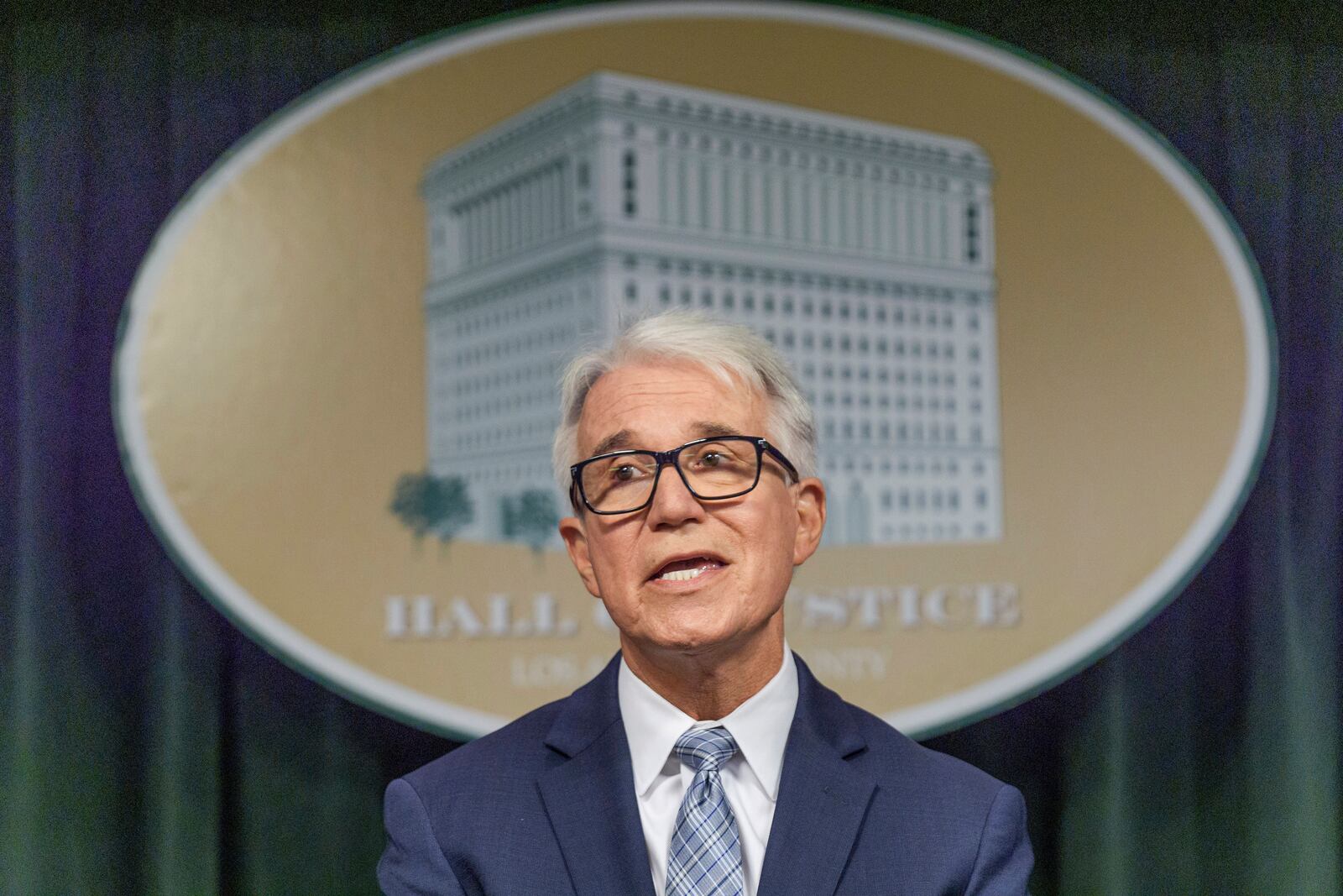 FILE - Los Angeles County District Attorney George Gascon addresses the media at a news conference at the Hall of Justice in Los Angeles on Tuesday, Oct. 22, 2024. (AP Photo/Damian Dovarganes, File)