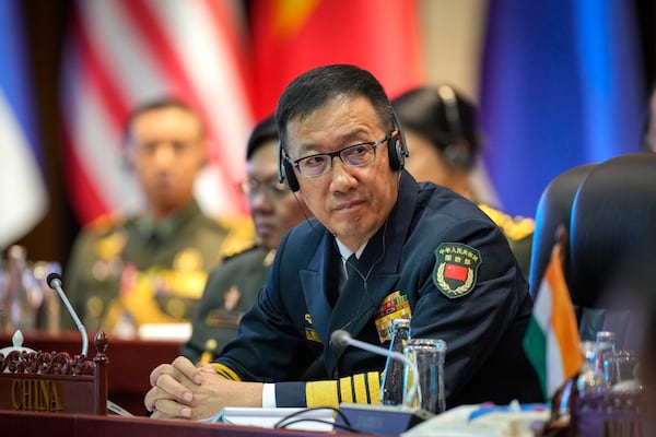 Chinese Defense Minister Dong Jun attends the Association of Southeast Asian Nations (ASEAN) defense ministers' meeting in Vientiane, Laos, Thursday, Nov. 21, 2024. (AP Photo/Anupam Nath)