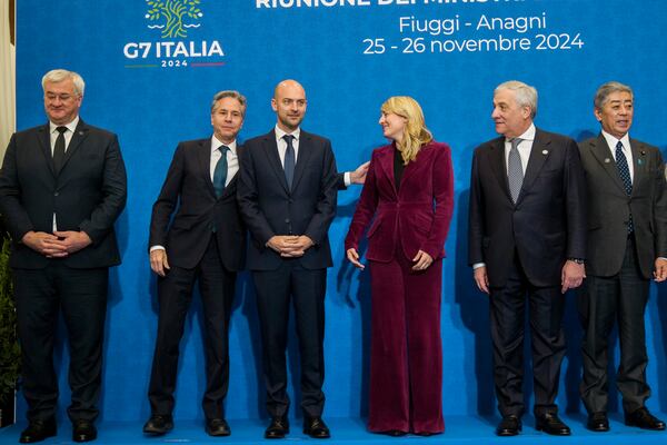 From left, Ukrainian Foreign Minister Andrii Sybiha, U.S. Secretary of State Antony Blinken, French Foreign Minister Jean-Noël Barrot, Canada's Foreign Minister Melanie Joly, Italian Foreign Minister Antonio Tajani, and Japanese Foreign Minister Takeshi Iwaya prepare for a family photo at the G7 of foreign Ministers in Fiuggi, some 70 kilometers south-east of Rome, Tuesday, Nov. 26, 2024. (AP Photo/Alessandra Tarantino, Pool)