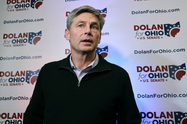 FILE - Ohio state Sen. Matt Dolan speaks to reporters in Independence, Ohio, March 19, 2024. (AP Photo/Paul Vernon, File)