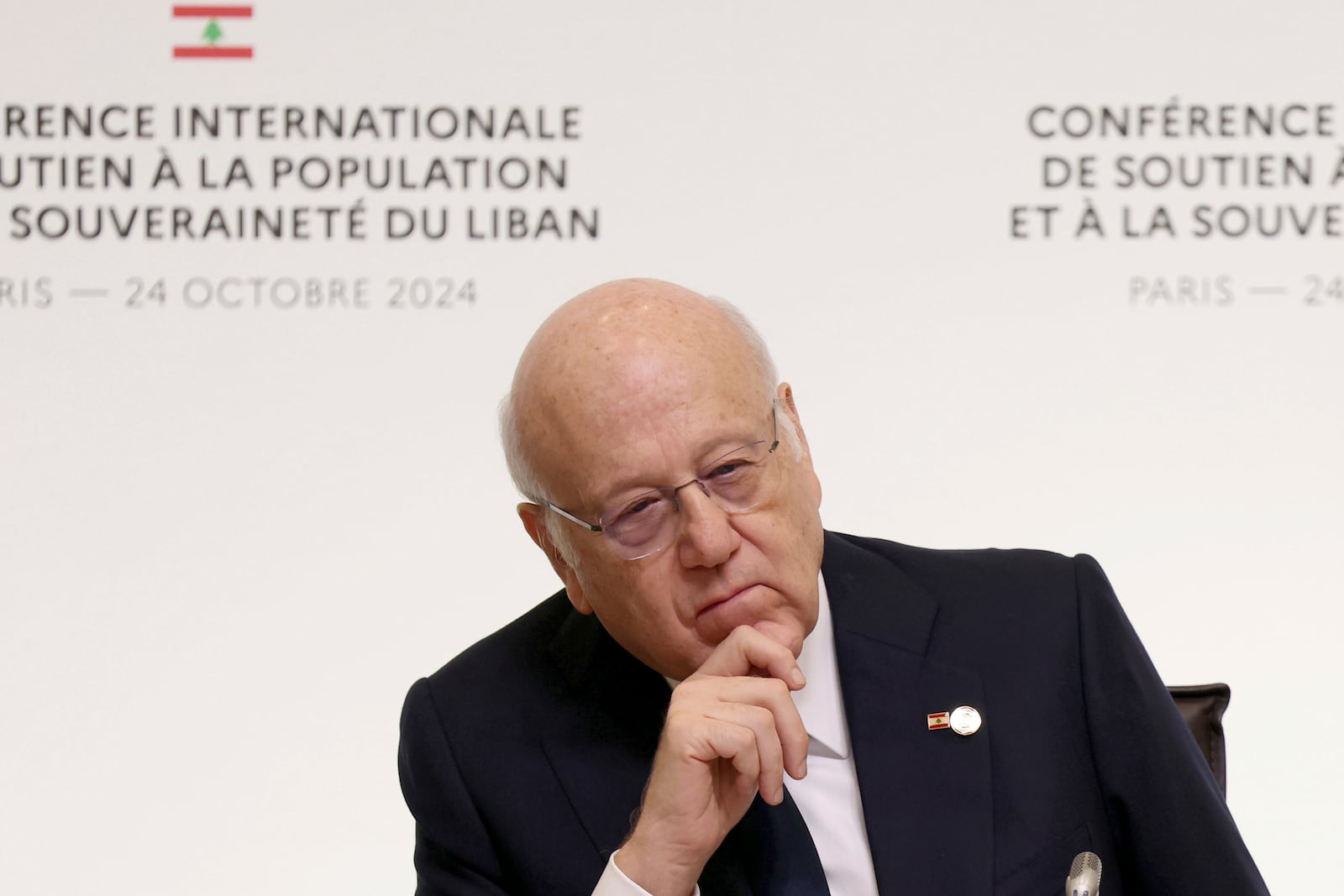 Lebanon's Prime Minister caretaker Prime Minister Najib Mikati attends an international conference for Lebanon in Paris, Thursday, Oct.24, 2024. (Alain Jocard, Pool via AP)