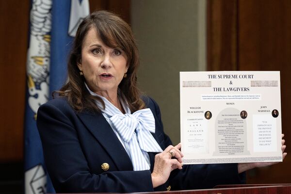 FILE - Louisiana Attorney General Liz Murrill holds up a mini-display showing the Ten Commandments during a press conference regarding the Ten Commandments in schools, Aug. 5, 2024, in Baton Rouge, La. (Hilary Scheinuk/The Advocate via AP, File)