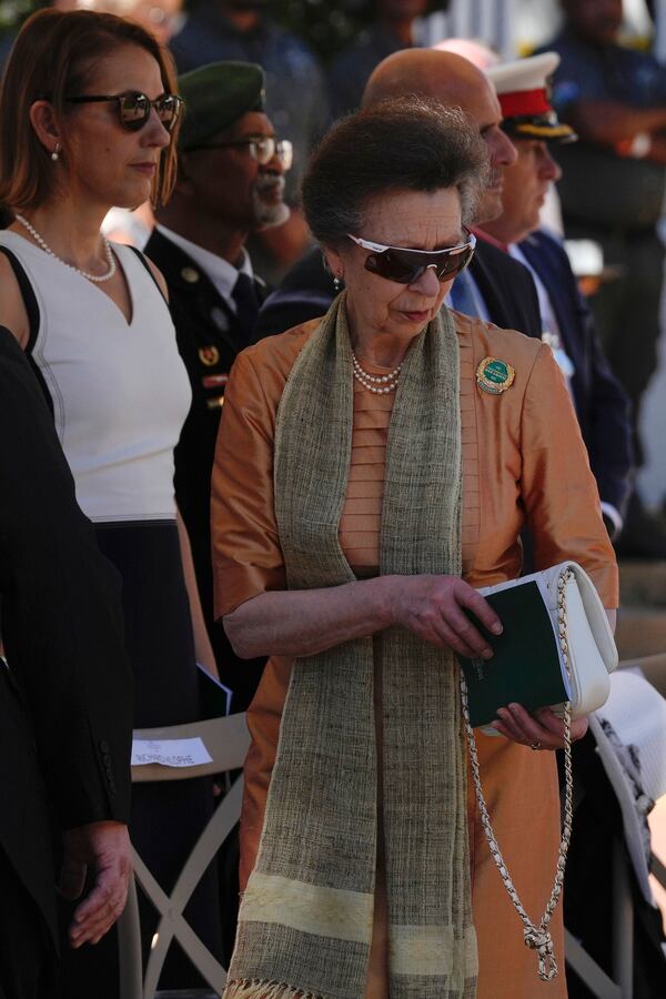 Britain's Princess Anne, the President of the Commonwealth War Graves Commission, attends the opening of a memorial dedicated to more than 1,700 Black South African servicemen who died in non-combatant roles in World War I and have no known grave, in Cape Town, South Africa, Wednesday, Jan. 22, 2025. (AP Photo/Nardus Engelbrecht)