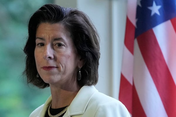 Secretary of Commerce Gina Raimondo speaks at the convening of the International Network of AI Safety Institutes at the Golden Gate Club at the Presidio in San Francisco, Wednesday, Nov. 20, 2024. (AP Photo/Jeff Chiu)