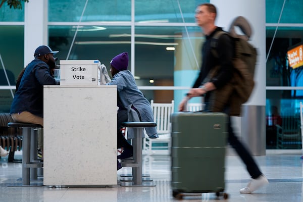 An union ballot drop box is seen at Charlotte Douglas International Airport, Friday, Nov. 22, 2024, in Charlotte, N.C. (AP Photo/Erik Verduzco)