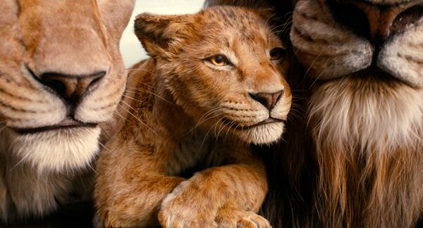 This image released by Disney shows characters Afia, voiced by Anika Noni Rose, left, Mufasa, voiced by Braelyn Rankins, center, and Masego, voiced by Keith David, in a scene from "Mufasa: The Lion King." (Disney via AP)