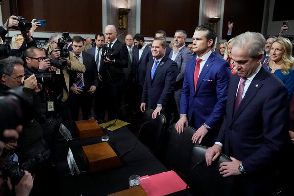 Pete Hegseth, President-elect Donald Trump's choice to be Defense secretary, arrives before the Senate Armed Services Committee for his confirmation hearing, at the Capitol in Washington, Tuesday, Jan. 14, 2025. (AP Photo/Ben Curtis)