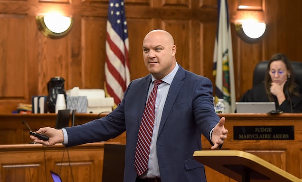 Defense attorney Mark Plants makes his opening argument to the jury on the first day of the trial of Donald Lantz and Jeanne Whitefeather in Kanawha County Circuit Court Judge Maryclaire Akers' courtroom Tuesday, Jan. 14, 2025, in Charleston, W.Va. (Chris Dorst/Charleston Gazette-Mail via AP)