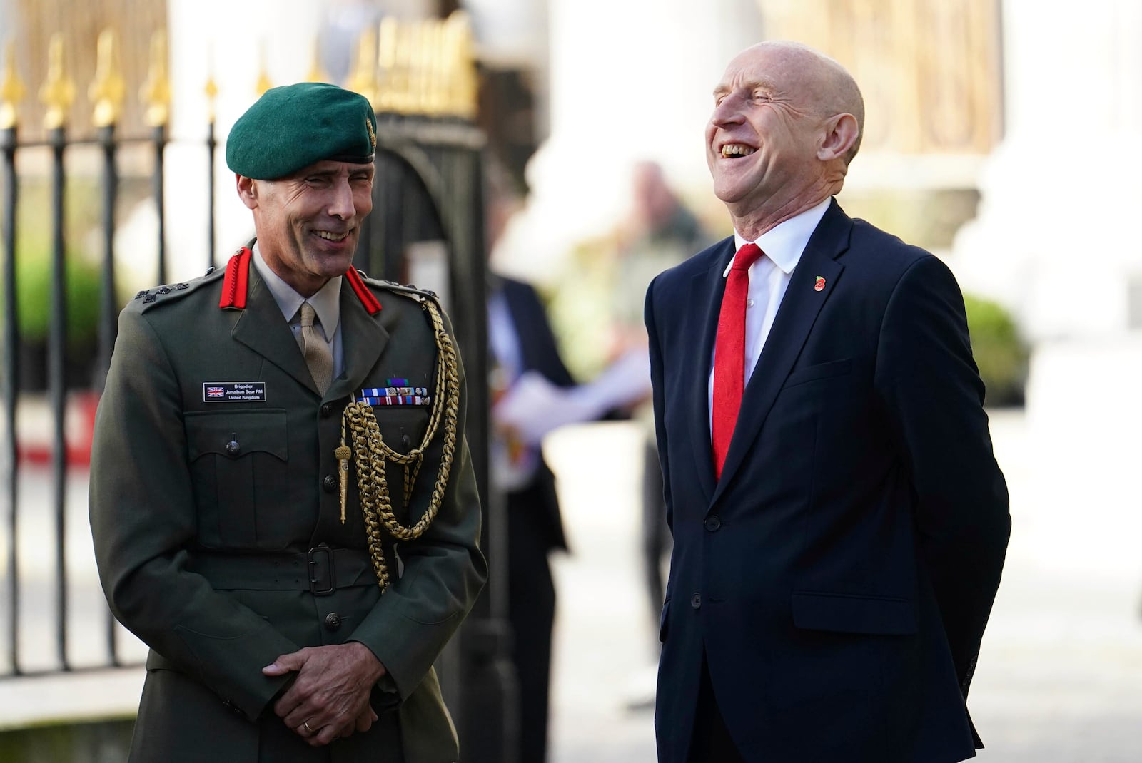 Defence Secretary John Healey speaks to Brigadier Jonathan Sear before his German counterpart Boris Pistorius arrives to sign a new UK-Germany Defence Agreement at Trinity House in London, Wednesday Oct. 23, 2024. (Jordan Pettitt/PA via AP)