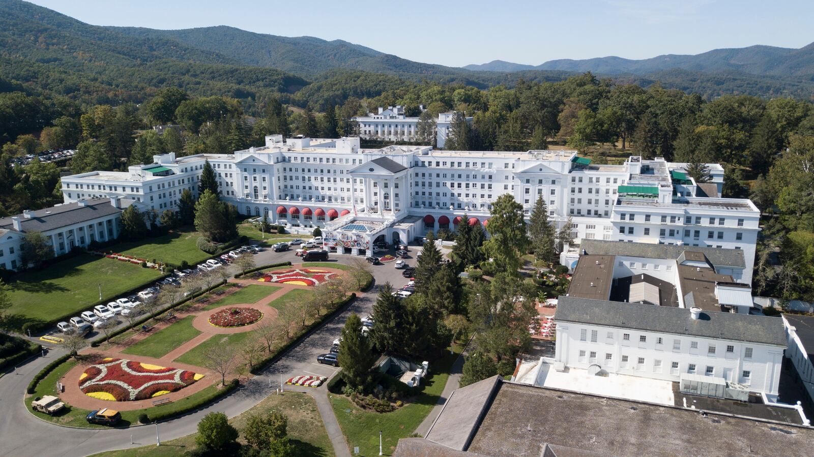 FILE - The Greenbrier resort, established in 1778, is seen here in White Sulphur Springs, W.Va., Sept. 15, 2019. (AP Photo/Steve Helber, File)