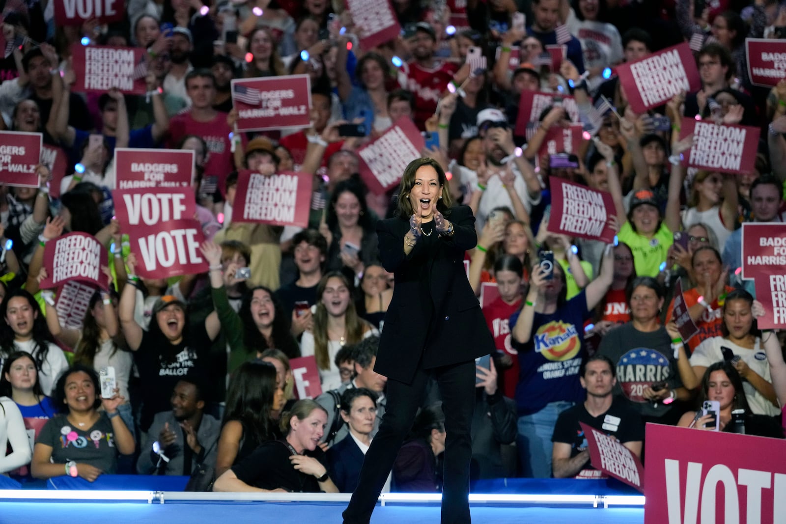 Democratic presidential nominee Vice President Kamala Harris arrives to speak at a campaign event Wednesday, Oct. 30, 2024, in Madison, Wis. (AP Photo/Morry Gash)