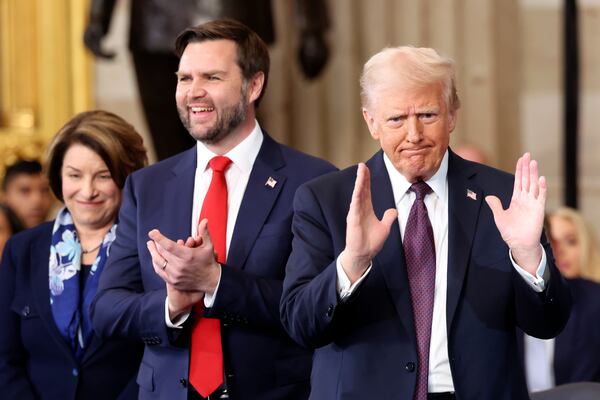 President Donald Trump, from right, Vice President JD Vance and Sen. Amy Klobuchar attend are pictured at the 60th Presidential Inauguration in the Rotunda of the U.S. Capitol in Washington, Monday, Jan. 20, 2025. (Kevin Lamarque/Pool Photo via AP)