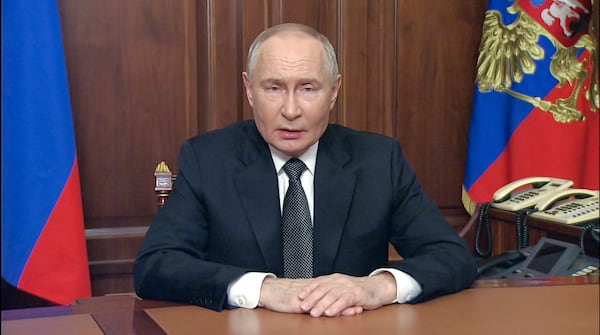 In this image made from video released by the Russian Presidential Press Service, Russian President Vladimir Putin addressees the nation at the Kremlin in Moscow, Russia, Thursday, Nov. 21, 2024. (Russian Presidential Press Service via AP)