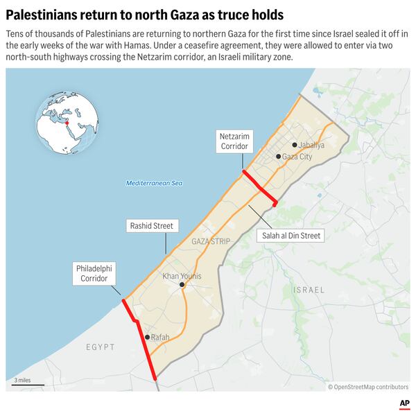 Tens of thousands of Palestinians are returning to northern Gaza for the first time since Israel sealed it off in the early weeks of the war with Hamas. Under a ceasefire agreement, they were allowed to enter via two north-south highways crossing the Netzarim corridor, an Israeli military zone. (AP Digital Embed)