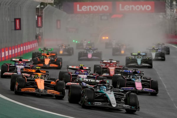 George Russell, of Britain, leads on his Mercedes after the start of the Brazilian Formula One Grand Prix at the Interlagos race track in Sao Paulo, Brazil, Sunday, Nov. 3, 2024. (AP Photo/Andre Penner)