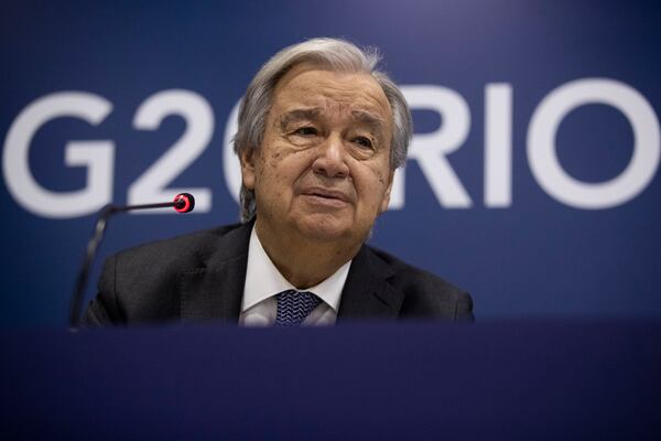 UN Secretary-General António Guterres attends a press conference a day before the opening of the G20 Summit, in Rio de Janeiro, Sunday, Nov. 17, 2024. (AP Photo/Bruna Prado)