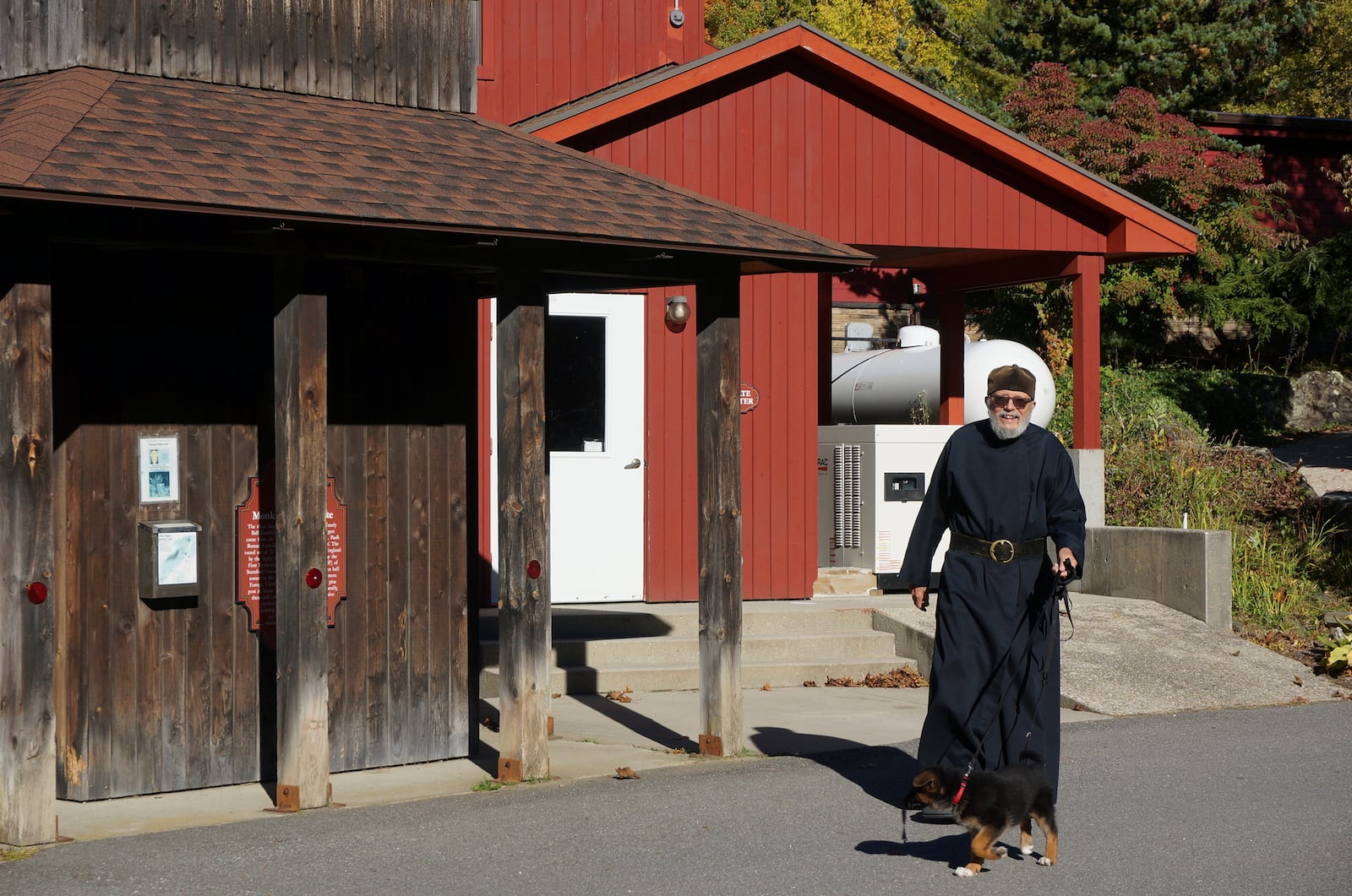 Brother Luke, an Orthodox Christian monk, walks his 10-week-old German shepherd Pyrena outside the residences of the New Skete monastery, where he directs the dog breeding program that has provided both financial and spiritual support to the community for decades outside Cambridge, N.Y., on Oct. 12, 2024. (AP Photo/Giovanna Dell’Orto)