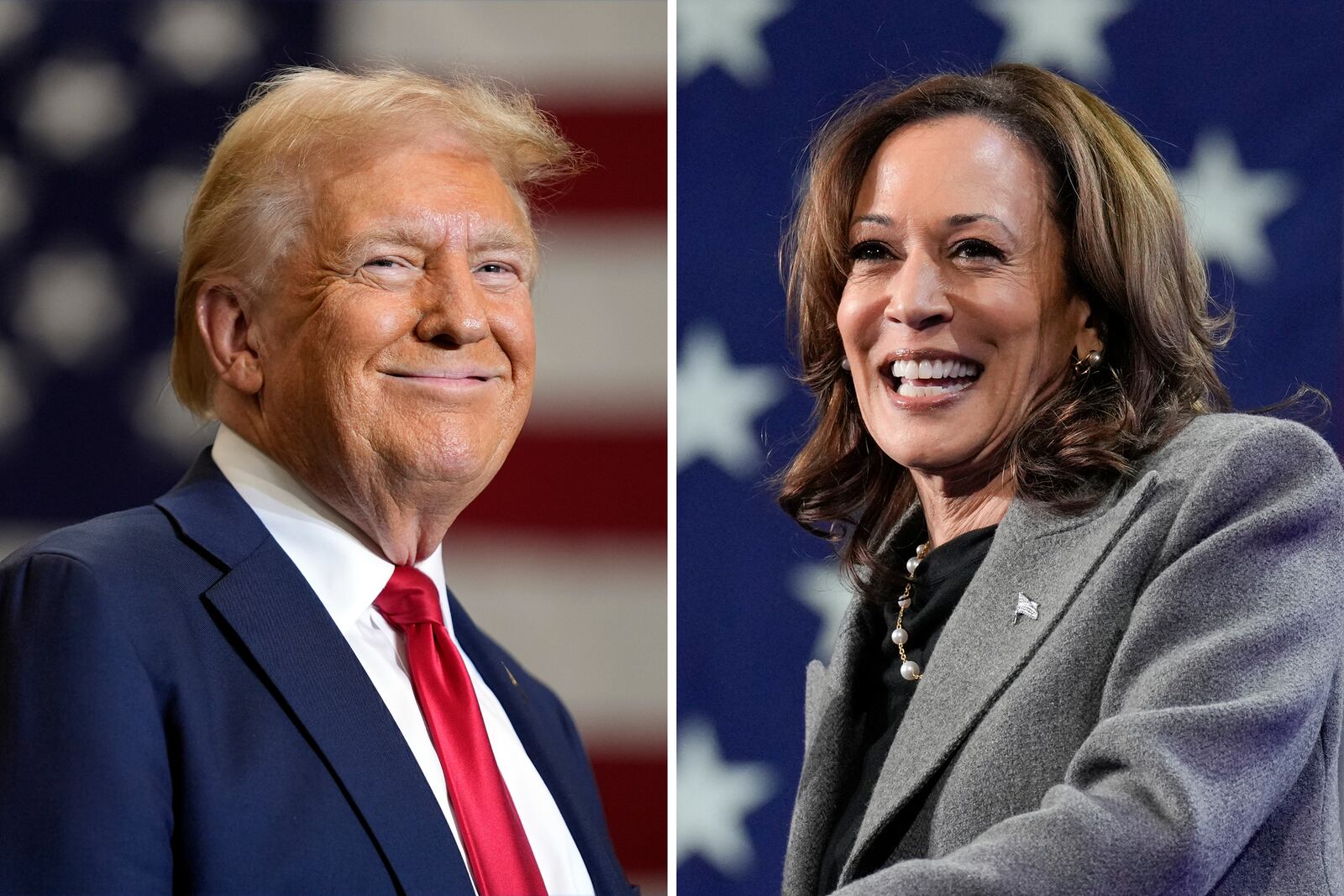 This combination of photos shows Republican presidential nominee former President Donald Trump, left, speaking at a campaign event Sept. 25, 2024, in Mint Hill, N.C., and Democratic presidential nominee Vice President Kamala Harris, right, speaking a campaign event Oct. 19, 2024, in Atlanta. (AP Photo)