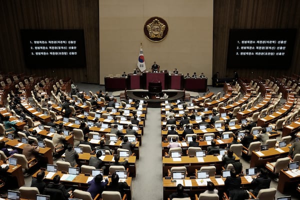 Lawmakers participate in the plenary session at the National Assembly in Seoul, South Korea, Thursday, Dec. 26, 2024. (AP Photo/Ahn Young-joon)