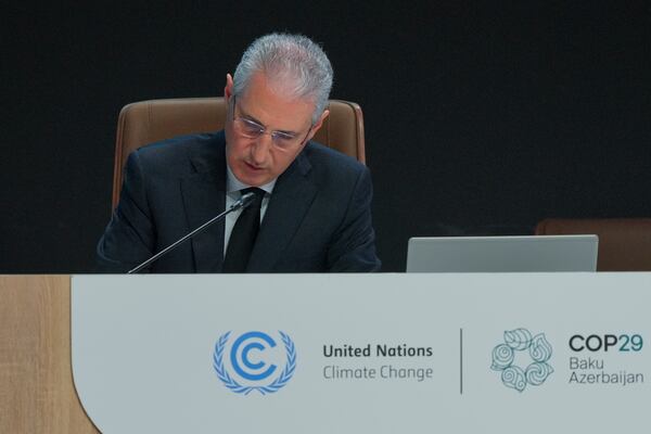 Mukhtar Babayev, COP29 President, rehearses in the plenary at the COP29 U.N. Climate Summit, Friday, Nov. 22, 2024, in Baku, Azerbaijan. (AP Photo/Peter Dejong)