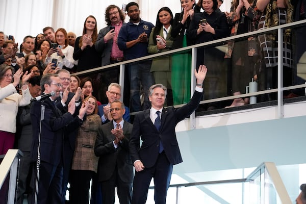 Secretary of State Antony Blinken bids farewell to diplomats and staff at the State Department in Washington, Friday, Jan. 17, 2025. (AP Photo/J. Scott Applewhite)