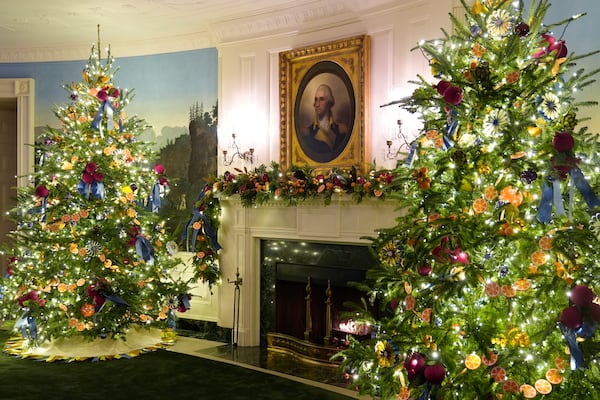 The Diplomatic Reception Room of the White House in Washington, is decorated for the holidays, Monday, Dec. 2, 2024. (AP Photo/Susan Walsh)