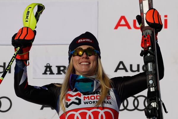 FILE - United States' Mikaela Shiffrin celebrates after winning a women's World Cup slalom skiing event in Are, Sweden, March 10, 2024. (AP Photo/Alessandro Trovati, File)