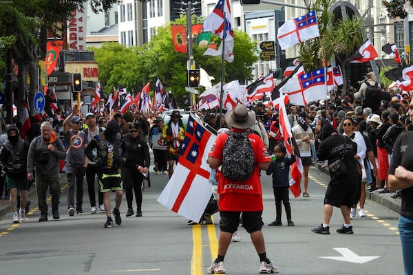 Thousands of people march to New Zealand's parliament to protest a proposed law that would redefine the country's founding agreement between Indigenous Māori and the British Crown, in Wellington Tuesday, Nov. 19, 2024. (AP Photo/Charlotte McLay-Graham)