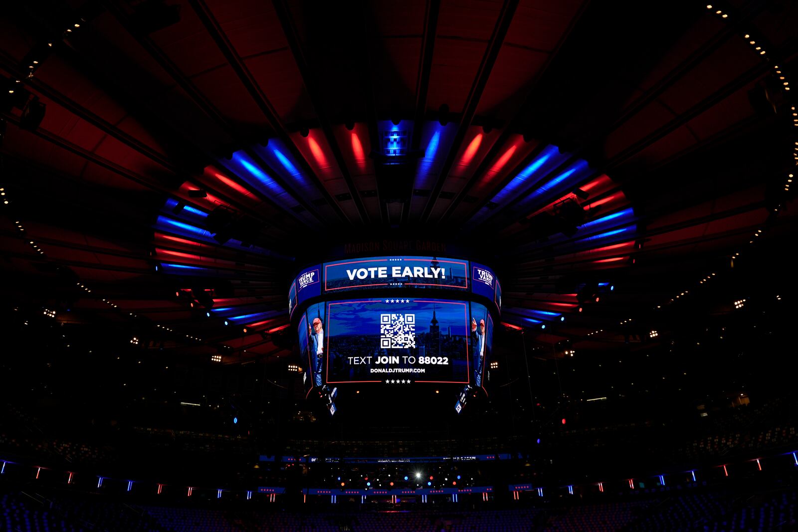 Screens inside the venue are pictured before a campaign rally for Republican presidential nominee former President Donald Trump at Madison Square Garden, Sunday, Oct. 27, 2024, in New York. (AP Photo/Julia Demaree Nikhinson)