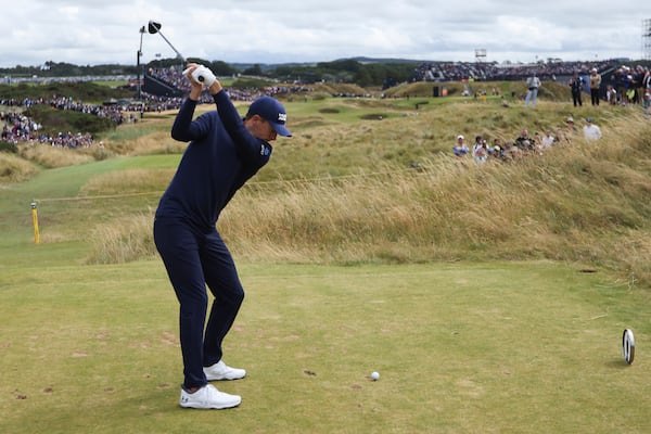 FILE - Jordan Spieth of the United States hits off the seventh tee during his second round of the British Open Golf Championships at Royal Troon golf club in Troon, Scotland, Friday, July 19, 2024. (AP Photo/Peter Morrison, File)