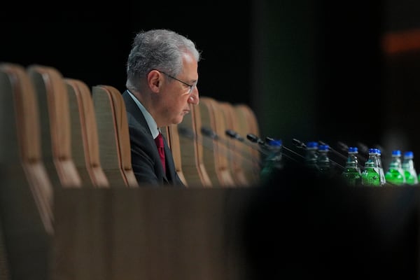 Mukhtar Babayev, COP29 President, arrives for a plenary session at the COP29 U.N. Climate Summit, Thursday, Nov. 21, 2024, in Baku, Azerbaijan. (AP Photo/Peter Dejong)