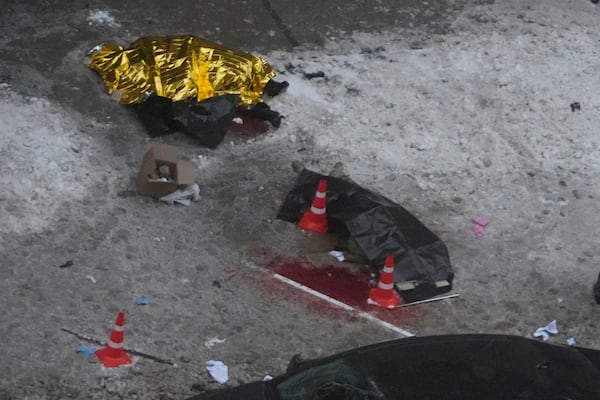 A view of the place where Lt. General Igor Kirillov, the head of Russia's Nuclear, Biological, and Chemical Defence Forces and his assistantIlya Polikarpov were killed by an explosive device planted close to a residential apartment's block in Moscow, Russia, Tuesday, Dec. 17, 2024. (AP Photo)