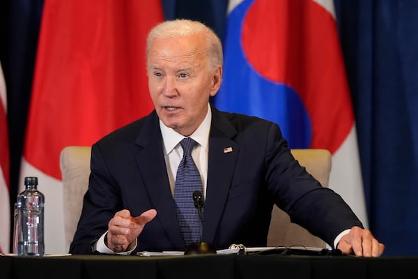 President Joe Biden speaks during a trilateral meeting with the Prime Minister of Japan Shigeru Ishiba and the President of South Korea Yoon Suk Yeol in Lima, Peru, Friday, Nov. 15, 2024. (AP Photo/Manuel Balce Ceneta)