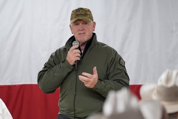 FILE - Incoming U.S. Border Czar Tom Homan talks to state troopers and national guardsmen taking part in Operation Lone Star at a facility on the U.S.-Mexico border, Nov. 26, 2024, in Eagle Pass, Texas. (AP Photo/Eric Gay, File)