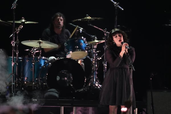 Violet Grohl, performs with Dave Grohl of Nirvana during the FireAid benefit concert on Thursday, Jan. 30, 2025, at The Forum in Inglewood, Calif. (AP Photo/Chris Pizzello)