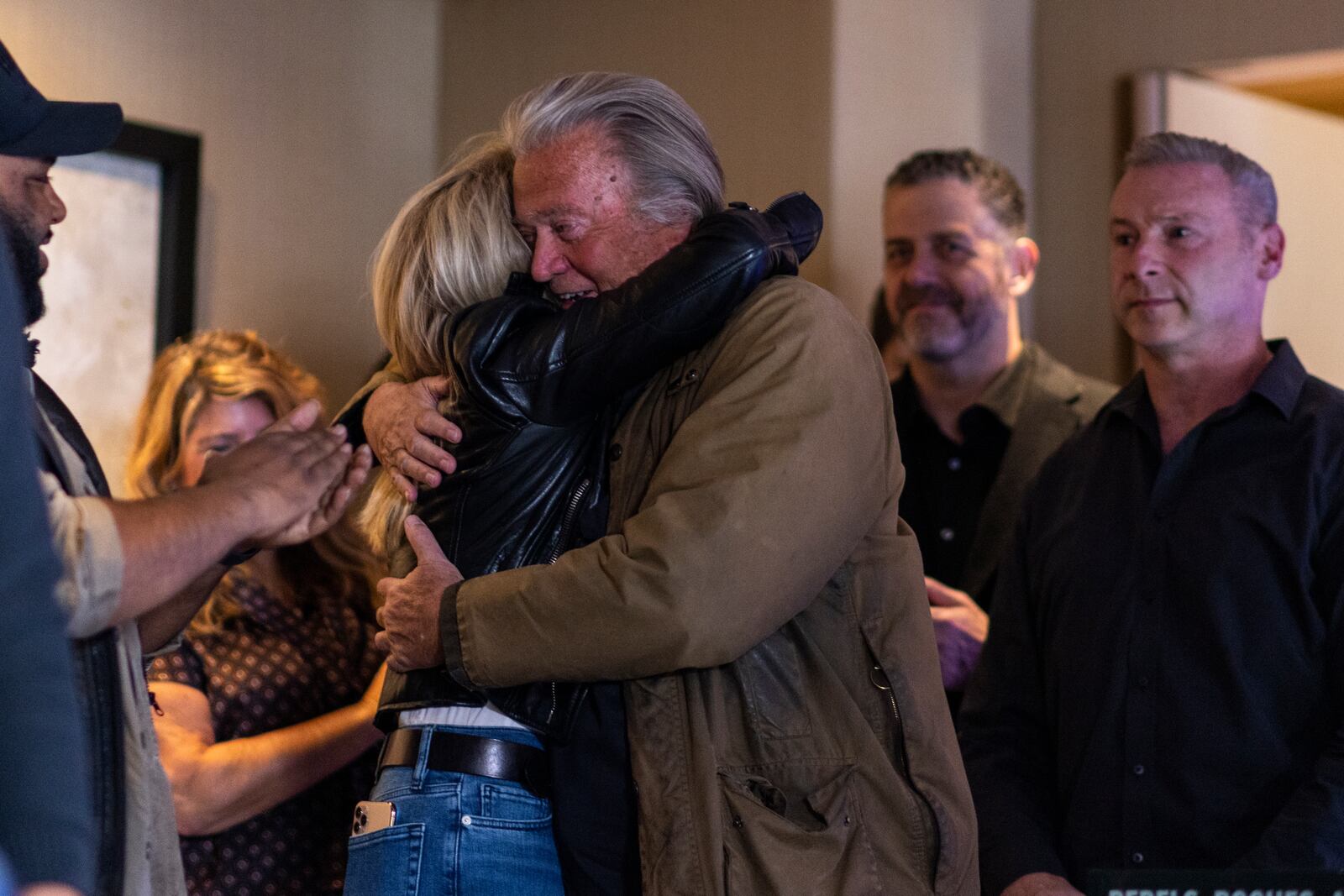 Steve Bannon greets people as he arrives to attend a press conference after being released from the Federal Correctional Institution Danbury where he was incarcerated, Oct. 29, 2024, New York. (AP Photo/Eduardo Munoz Alvarez)