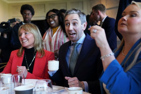 Taoiseach and Fine Gael leader Simon Harris center, during a rally at Trim Castle Hotel in Trim, Co Meath, Ireland, Wednesday, Nov. 27, 2024. (Brian Lawless/PA via AP)