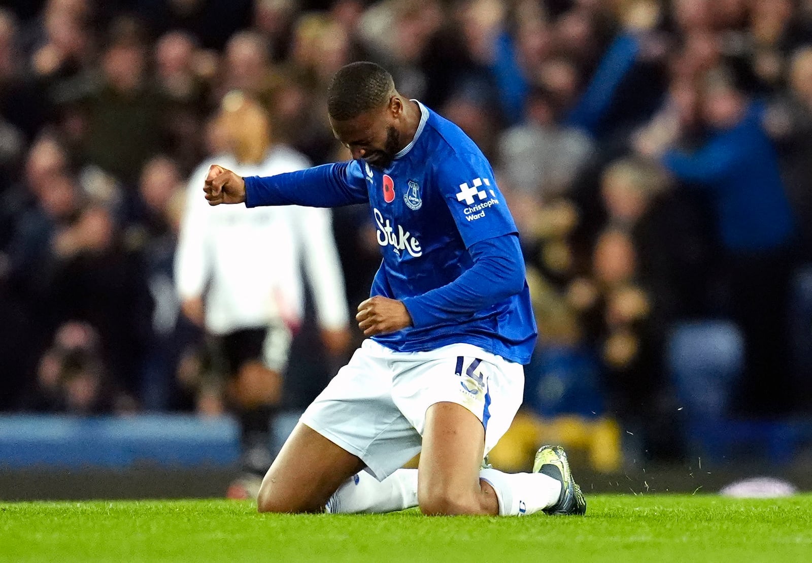 Everton's Beto celebrates scoring his side's first goal of the game during the English Premier League soccer match against Fulham, at Goodison Park in, Liverpool, England, Saturday, Oct. 26, 2024. (Nick Potts/PA via AP)