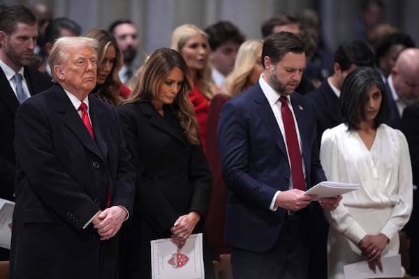 President Donald Trump, from left, first lady Melania Trump, Vice President JD Vance and his wife Usha Vance attend the national prayer service at the Washington National Cathedral, Tuesday, Jan. 21, 2025, in Washington. (AP Photo/Evan Vucci)