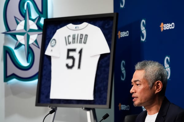 Former Seattle Mariners right fielder Ichiro Suzuki speaks during a press conference following his election to the National Baseball Hall of Fame Tuesday, Jan. 21, 2025, in Seattle. (AP Photo/Lindsey Wasson)