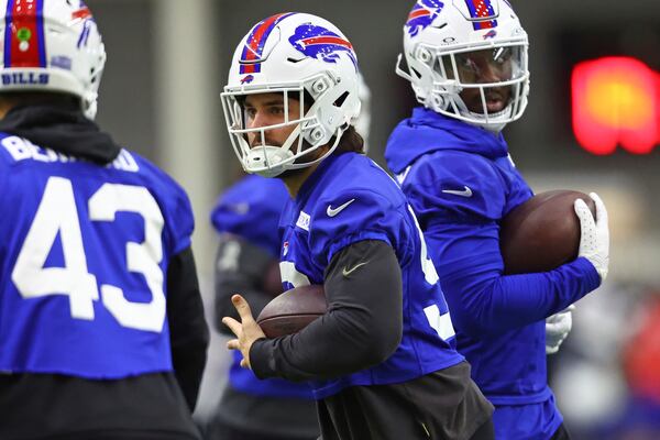 Buffalo Bills linebacker Matt Milano (58) carries the ball during NFL football practice in Orchard Park, N.Y., Thursday, Jan. 23, 2025. (AP Photo/Jeffrey T. Barnes)