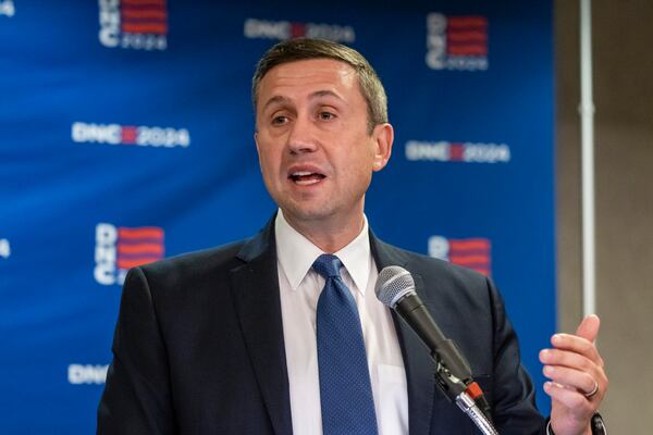 FILE - Ken Martin, president of the Association of State Democratic Committees, discusses the 2024 Democratic National Convention during a news conference, April 18, 2024. (Ashlee Rezin/Chicago Sun-Times via AP, File)