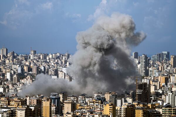 Smoke rises after an Israeli airstrike on Dahiyeh, in the southern suburb of Beirut, Lebanon, Saturday, Nov. 16, 2024. (AP Photo/Bilal Hussein)